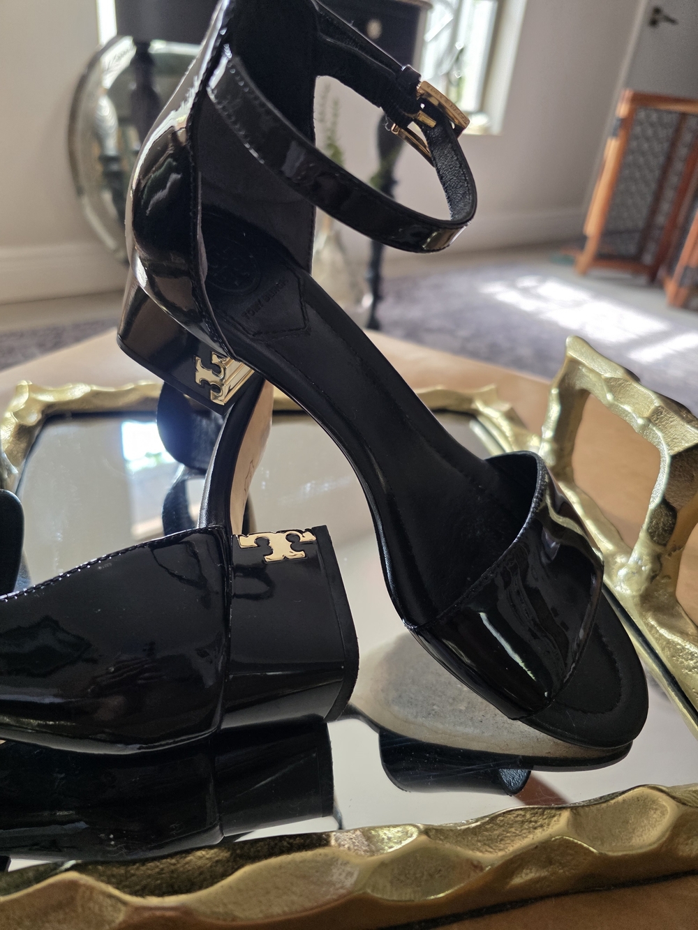 Tory Burch Black Patent Ankle-Strap Block Heel Sandals - Picture 2 of 3